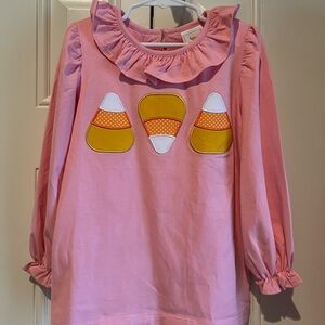 Girls' Pink Ruffle-Neck Long Sleeve Top with Candy Corn Appliqués